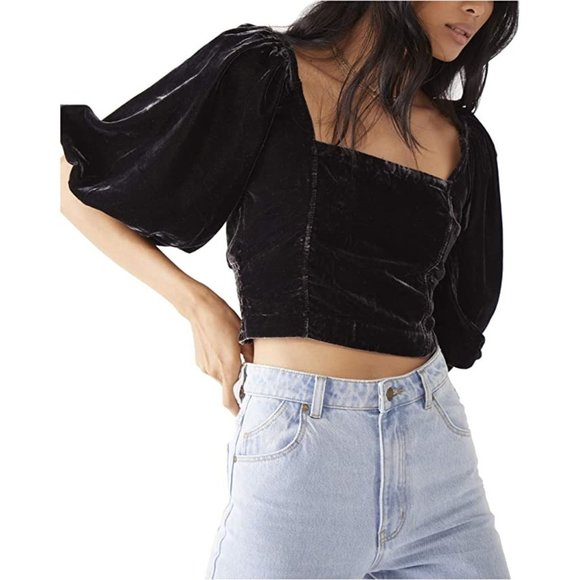 FREE PEOPLE Marie Velvet Open Back Crop Top Black - Medium NWT - Picture 1 of 8